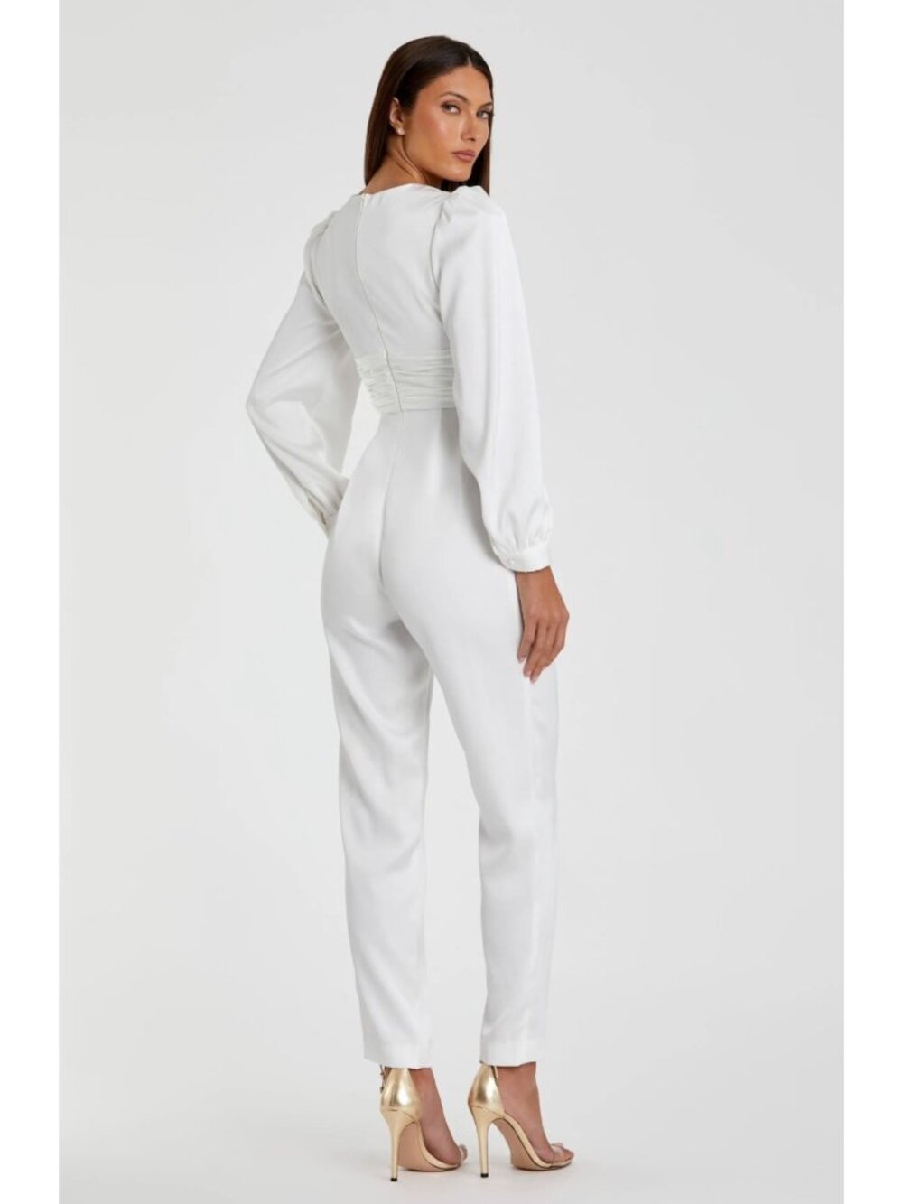 Mac Duggal Formal Long Sleeve White Satin Jumpsuit Size 2 - Picture 2 of 8